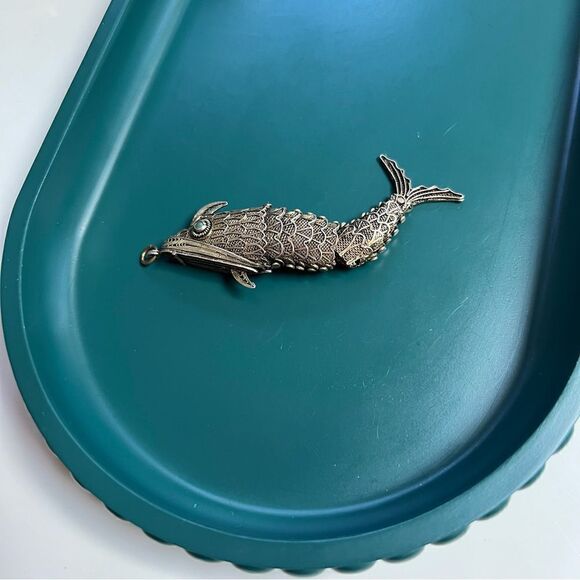Rare Vintage Articulated Fish Hidden Pendant Box Chinese Gilt Turquoise Eyes - Picture 5 of 9